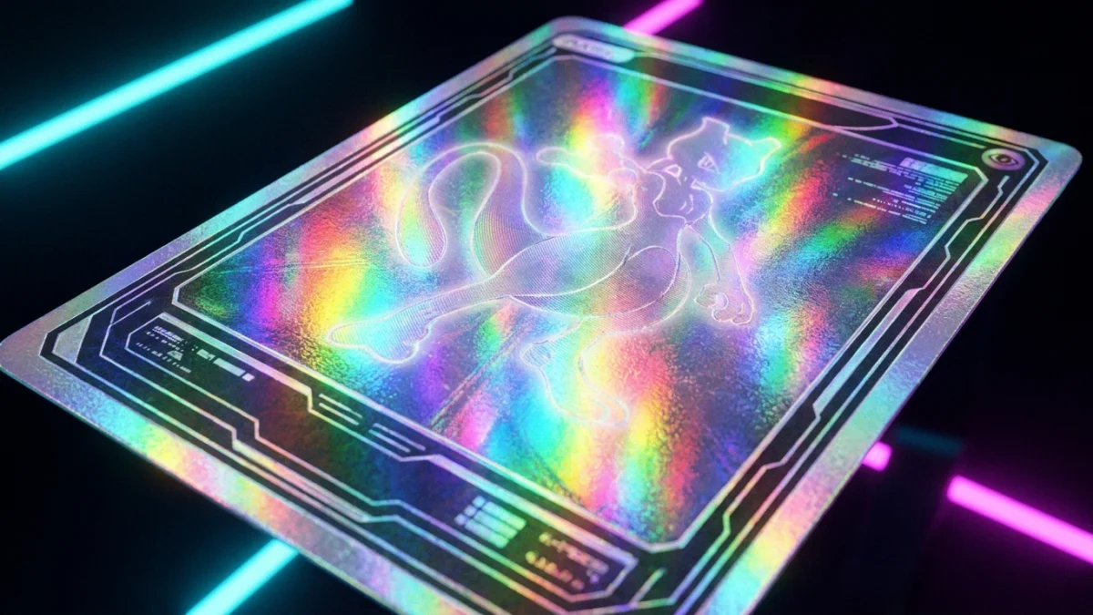 Primer plano del brillo holográfico foil de una carta Pokémon