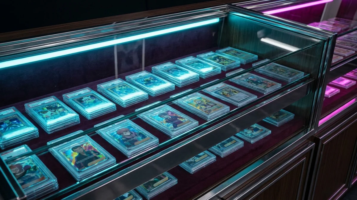 Colección de cartas Pokémon gradeadas en fundas protectoras