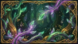 Ilustración del set Attack of the Vine de Disney Lorcana: enredaderas mágicas y luz esmeralda