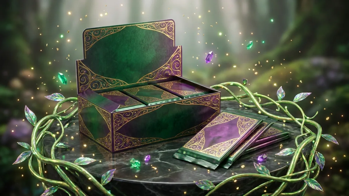 Cajas y sobres del estilo de Disney Lorcana rodeados de enredaderas mágicas