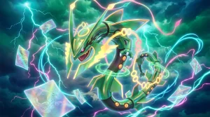 Mega Rayquaza volando en la portada de Delta Reign