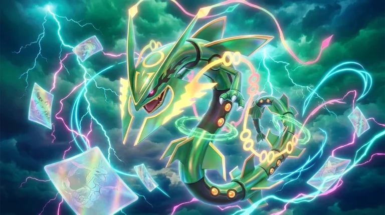 Mega Rayquaza volando en la portada de Delta Reign