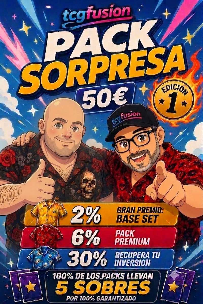 Cartel del Pack Sorpresa TCG Fusion Edición 1 con las probabilidades de premio