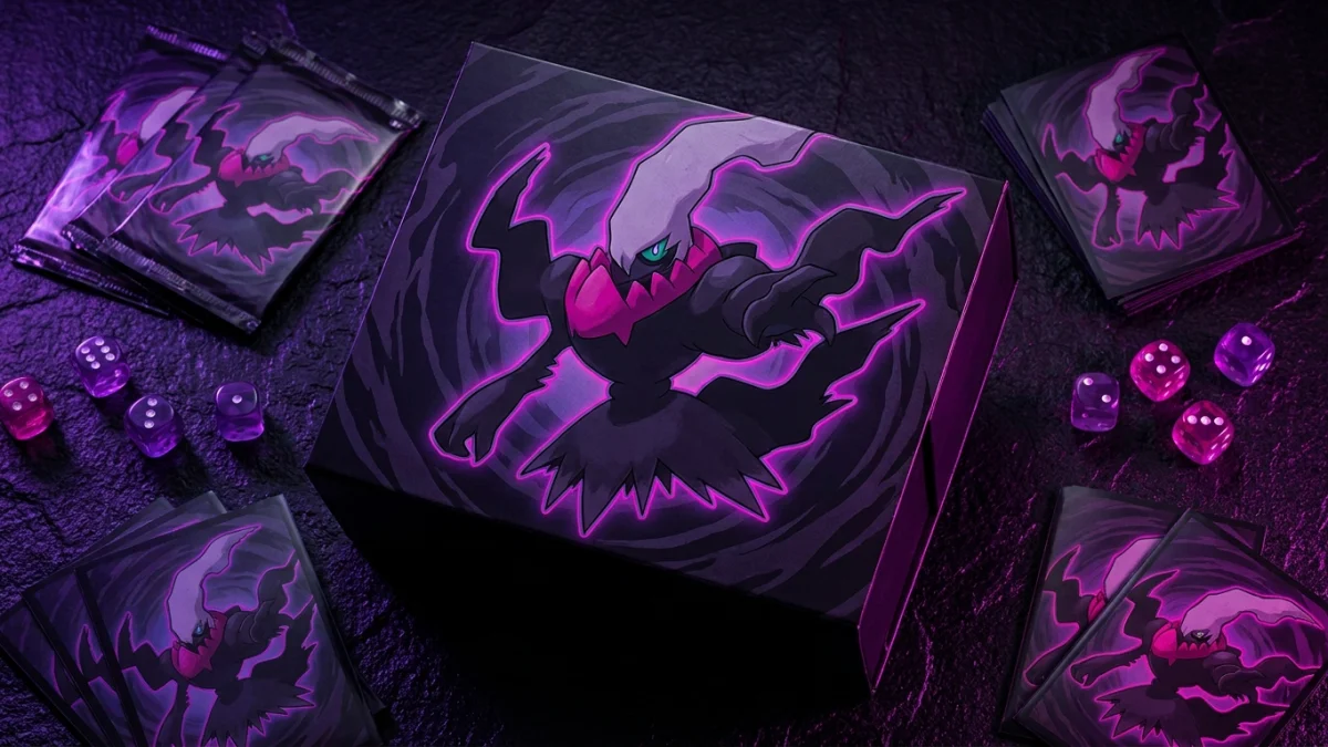 Elite Trainer Box de Pitch Black con sobres, fundas y dados