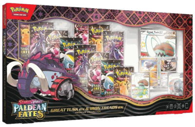Caja Pokémon TCG Paldean Fates Premium Collection de Great Tusk ex e Iron Treads ex en inglés