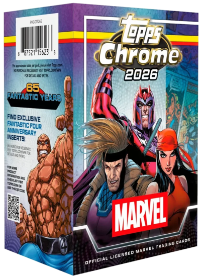 Caja Blaster de Topps Chrome Marvel 2026 con inserts del 65 aniversario de los 4 Fantasticos