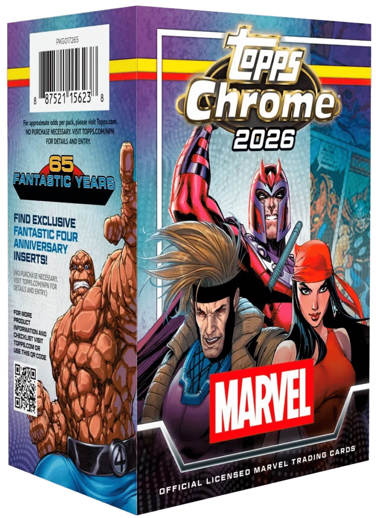 Caja Blaster de Topps Chrome Marvel 2026 con inserts del 65 aniversario de los 4 Fantasticos