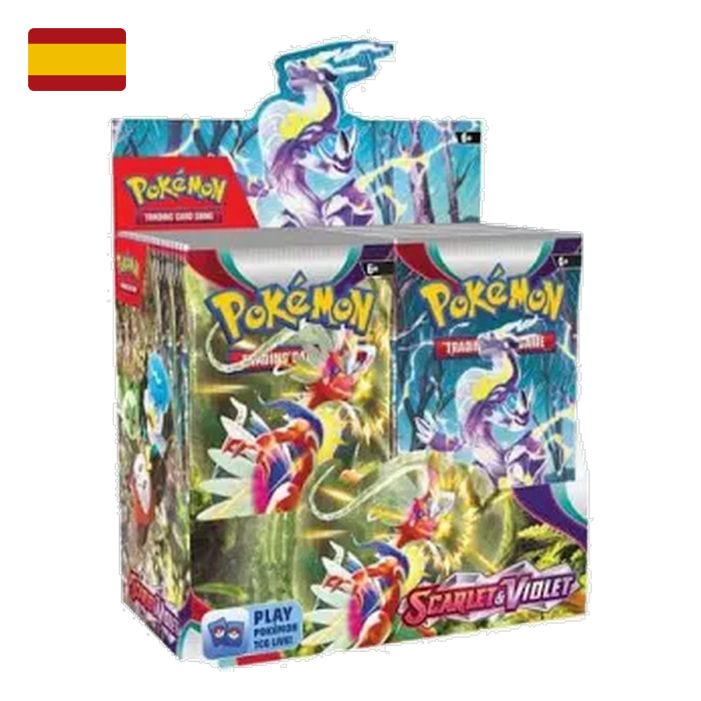 caja-36-sobres-escarlata-purpura-espanol-bandera Caja de 36 sobres Pokémon TCG Escarlata y Púrpura, edición en español